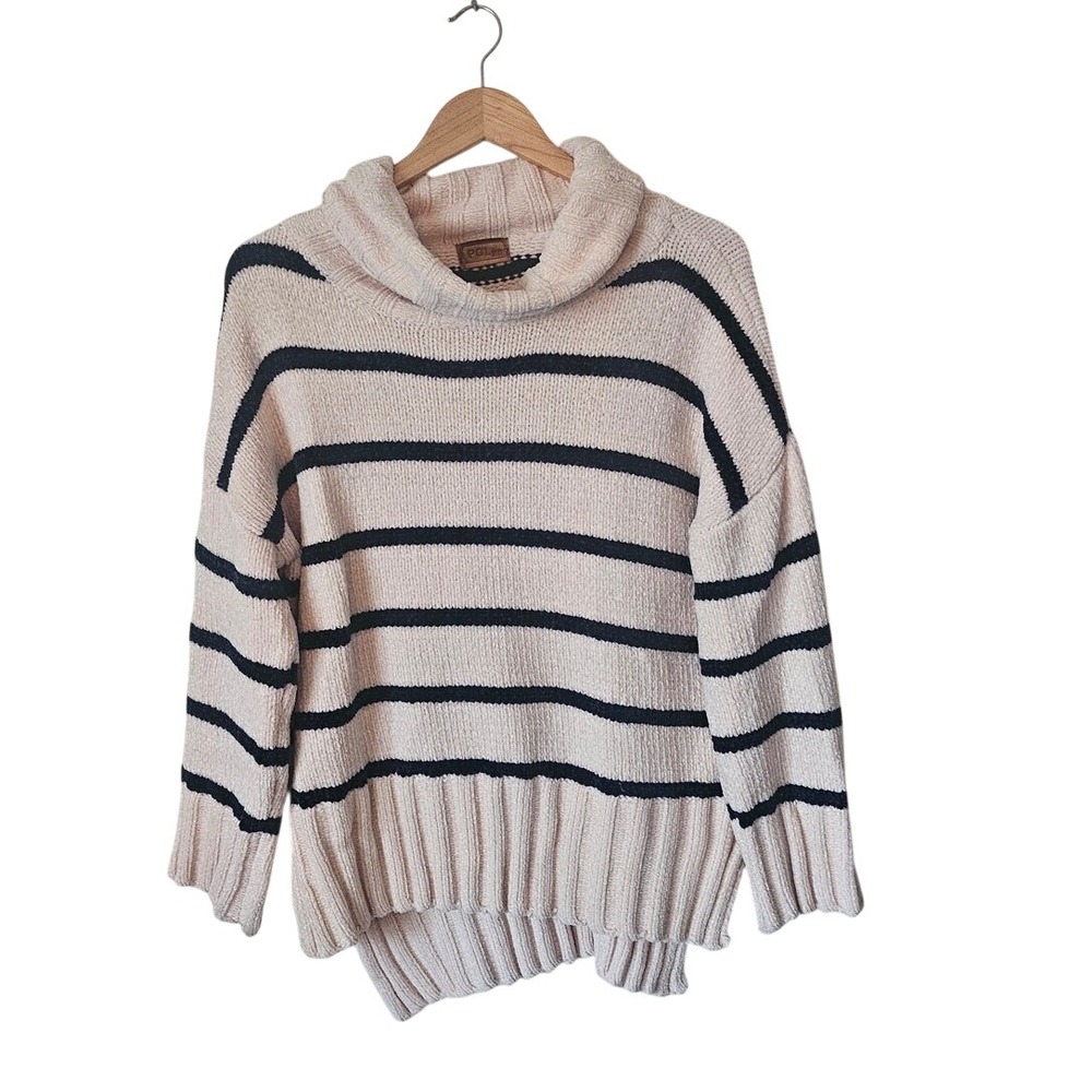POL Bijou Oversized Turtleneck Sweater, Beige Black Stripes Size XS‎